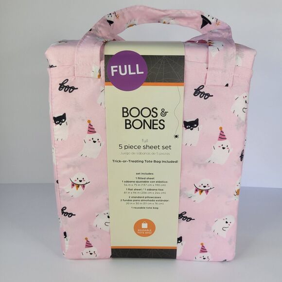 Halloween Pink White Cute Ghosts Boos & Bones FULL 5pc Sheets Set Girls Bedding - Picture 6 of 11